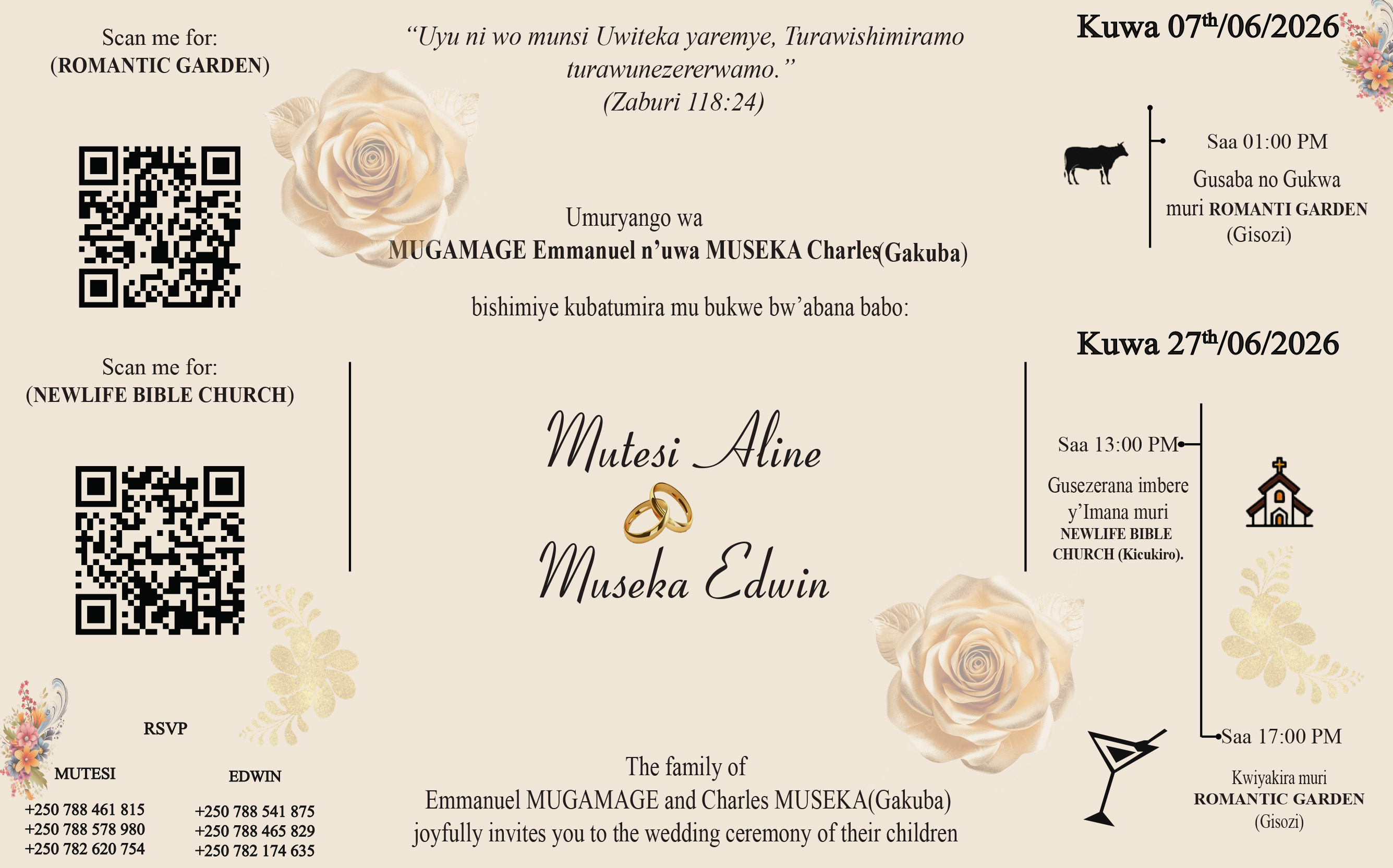 Formal wedding invitation for Mutesi Aline and Museka Edwin